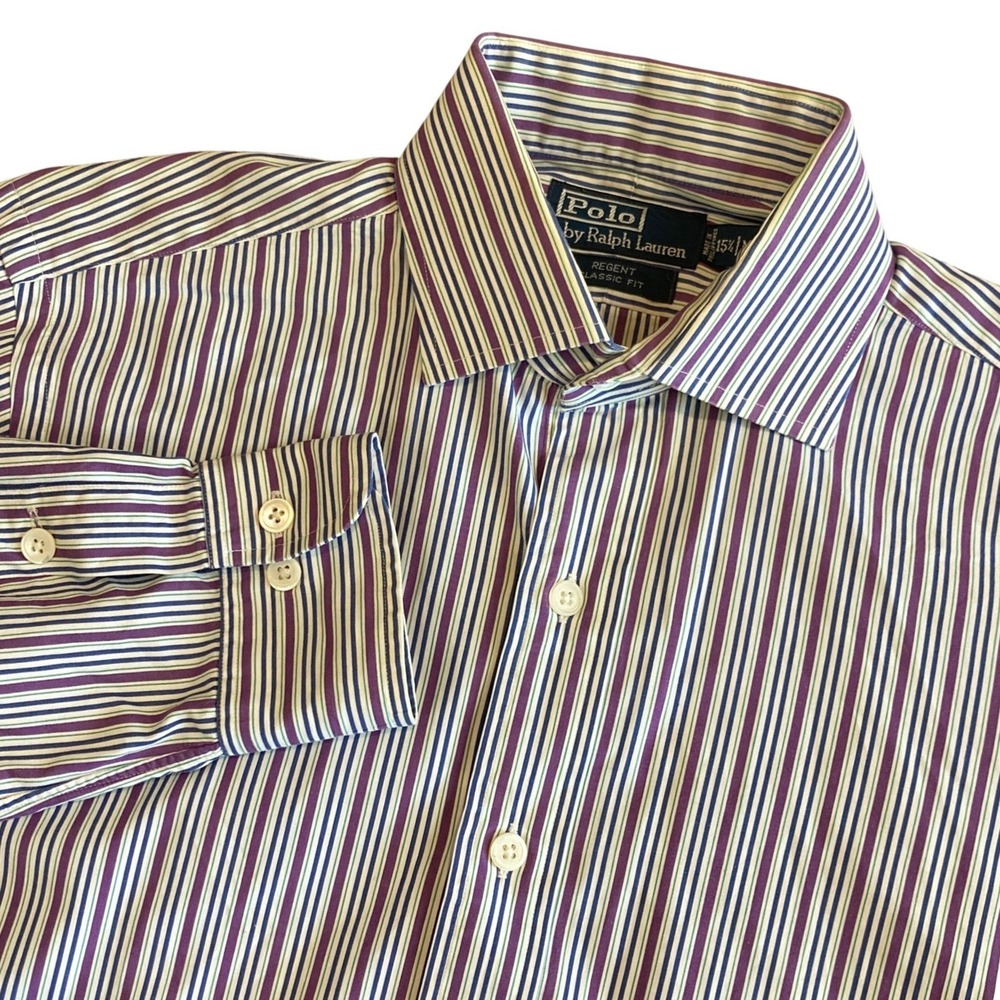 Polo Ralph Lauren Shirt Mens 15.5 M Regent Classic Fit Purple Blue Stripe Cotton